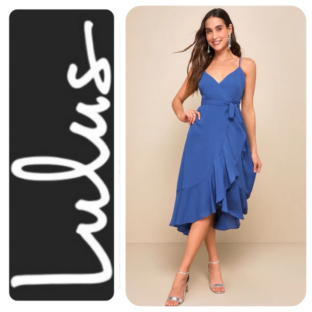 Lulu's Manhattan Moment Blue Ruffled Midi Wrap Dress, M - NWT